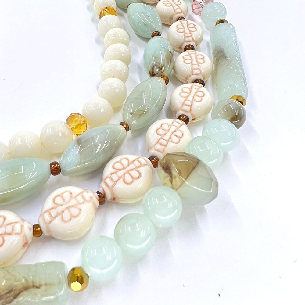 NWOT - Multi Strand Cream & Green Faux Jade 14” Choker Gold Tone Necklace - Picture 4 of 6